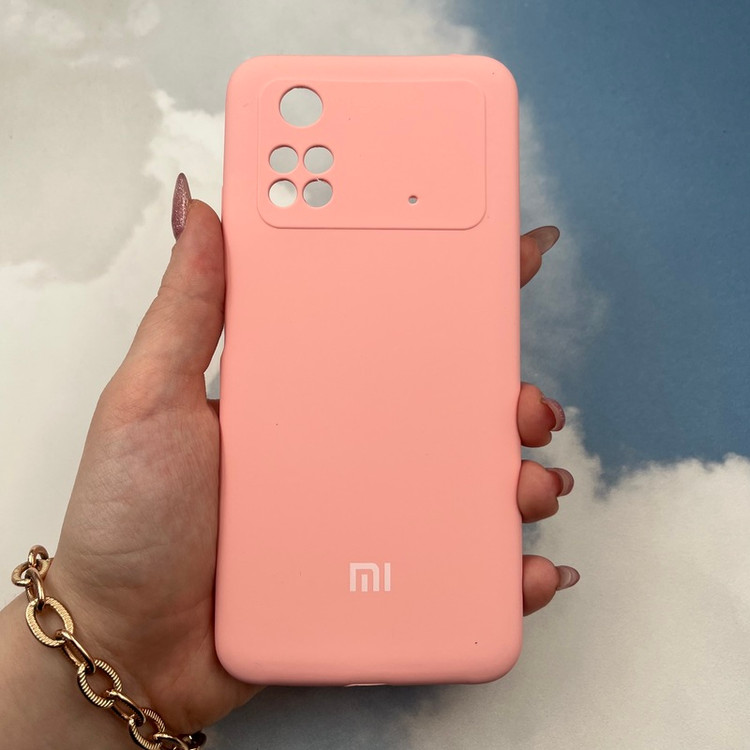 قاب گوشی Poco M4 Pro 4G شیائومی سیلیکونی پاک کنی اورجینال داخل پارچه ای رنگ گلبهی محافظ لنز دار