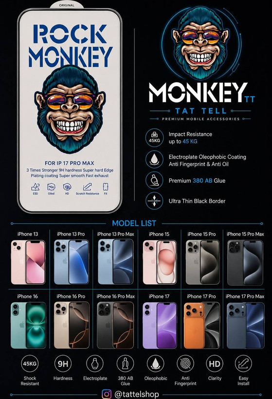 گلس فول چسب Rock Monkey Stronger³ Glass آیفون | محافظ صفحه 9H ضد ضربه و ضد خش - 17promax