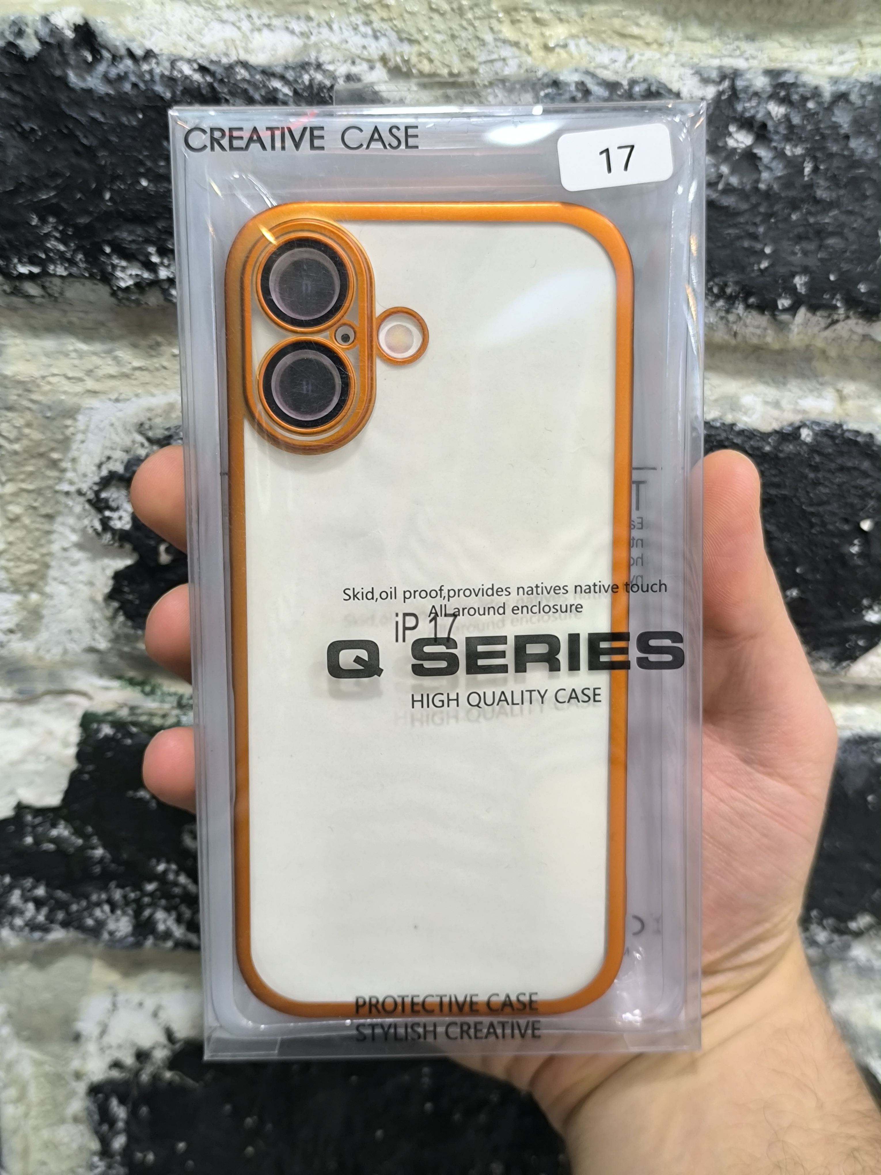 قاب کاور گوشی آیفون 17 نرمال / iphone 17 normal مدل پشت شفاف دور نارنجی محافظ لنزدار - QS