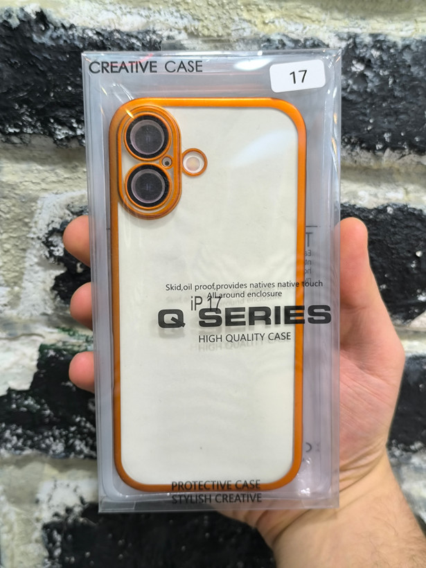 قاب کاور گوشی آیفون 17 نرمال / iphone 17 normal مدل پشت شفاف دور نارنجی محافظ لنزدار - QS