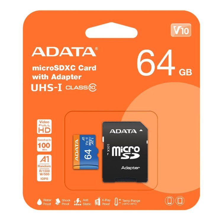 کارت حافظه microSD ای دیتا مدل Premier، ظرفیت 64 گیگابایت، استاندارد سرعت UHS-I U1، سرعت خواندن 100 مگابایت بر ثانیه، به همراه آداپتور - با گارانتی